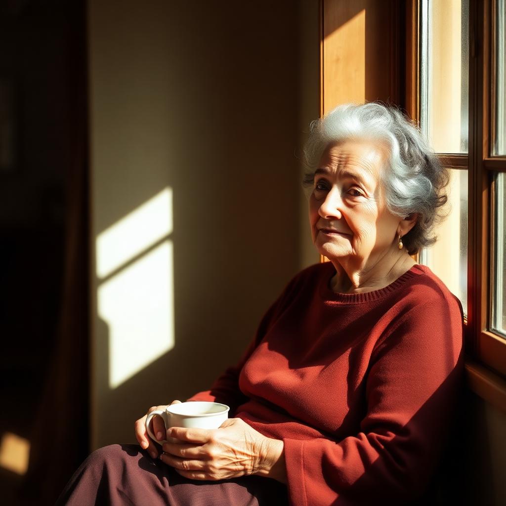 Mujer mayor descansando junto a una ventana soleada
