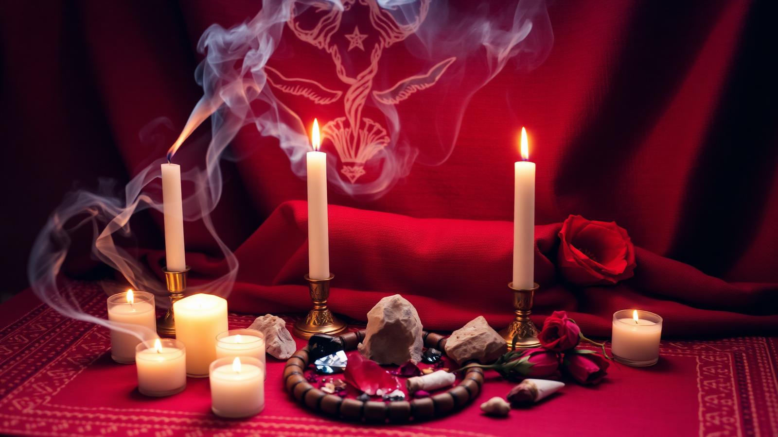 Altar sagrado con textiles Shipibo, velas y rosas rojas