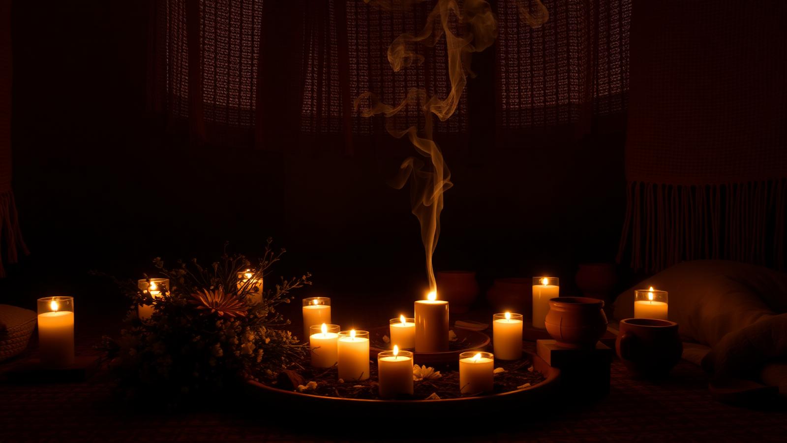 Espacio sagrado de ceremonia con velas, flores secas y elementos rituales