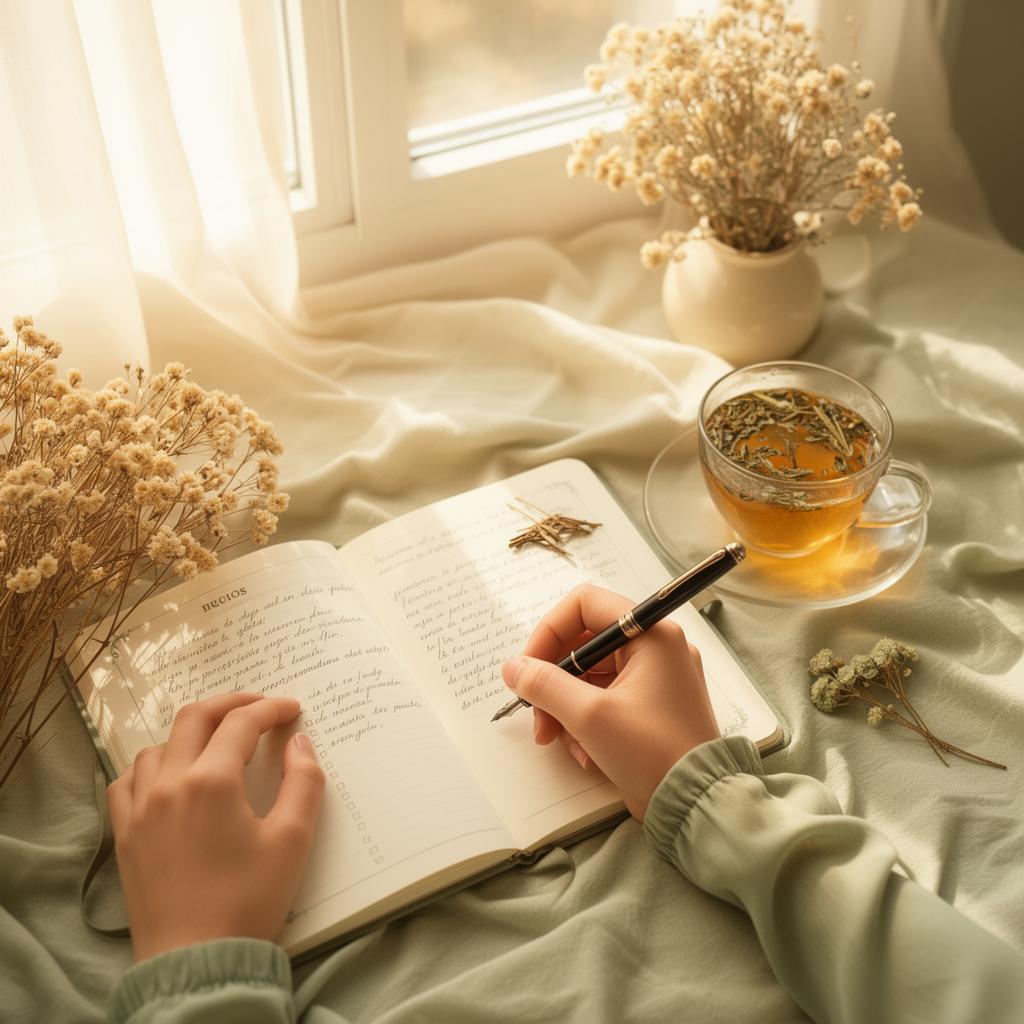 Mujer escribiendo en un diario con luz natural