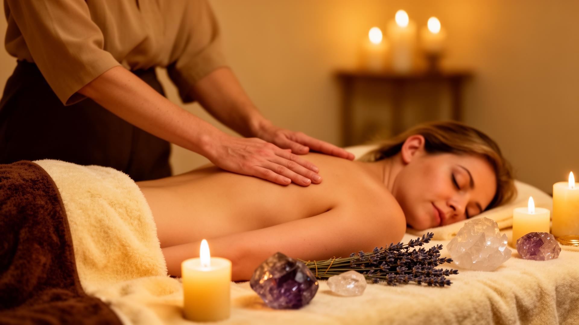 Sesión de Reiki con velas y cristales en un ambiente cálido